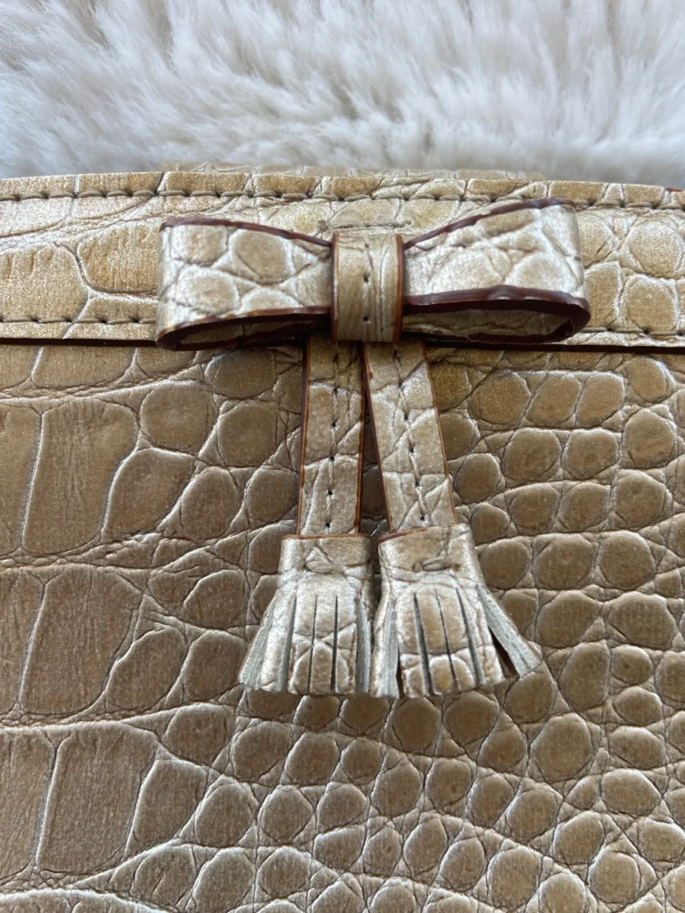 VTG Liz Claiborne Metallic Gold Faux Croc-Embossed Satchel with Tassel